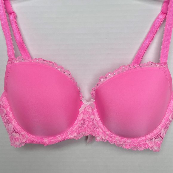 Victoria's Secret Retro Dream Angels Demi Bra 34C Shimmer Lace Neon Coral Pink - Picture 1 of 12